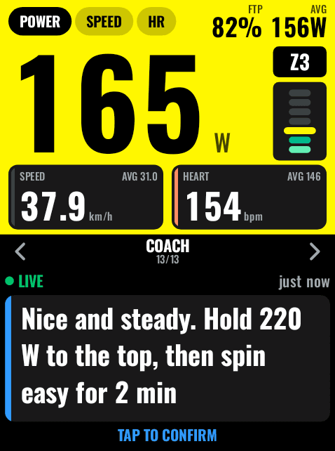 A coach message on Pangu Dash's Coach panel: hold 220 W to the top, then spin easy for 2 minutes